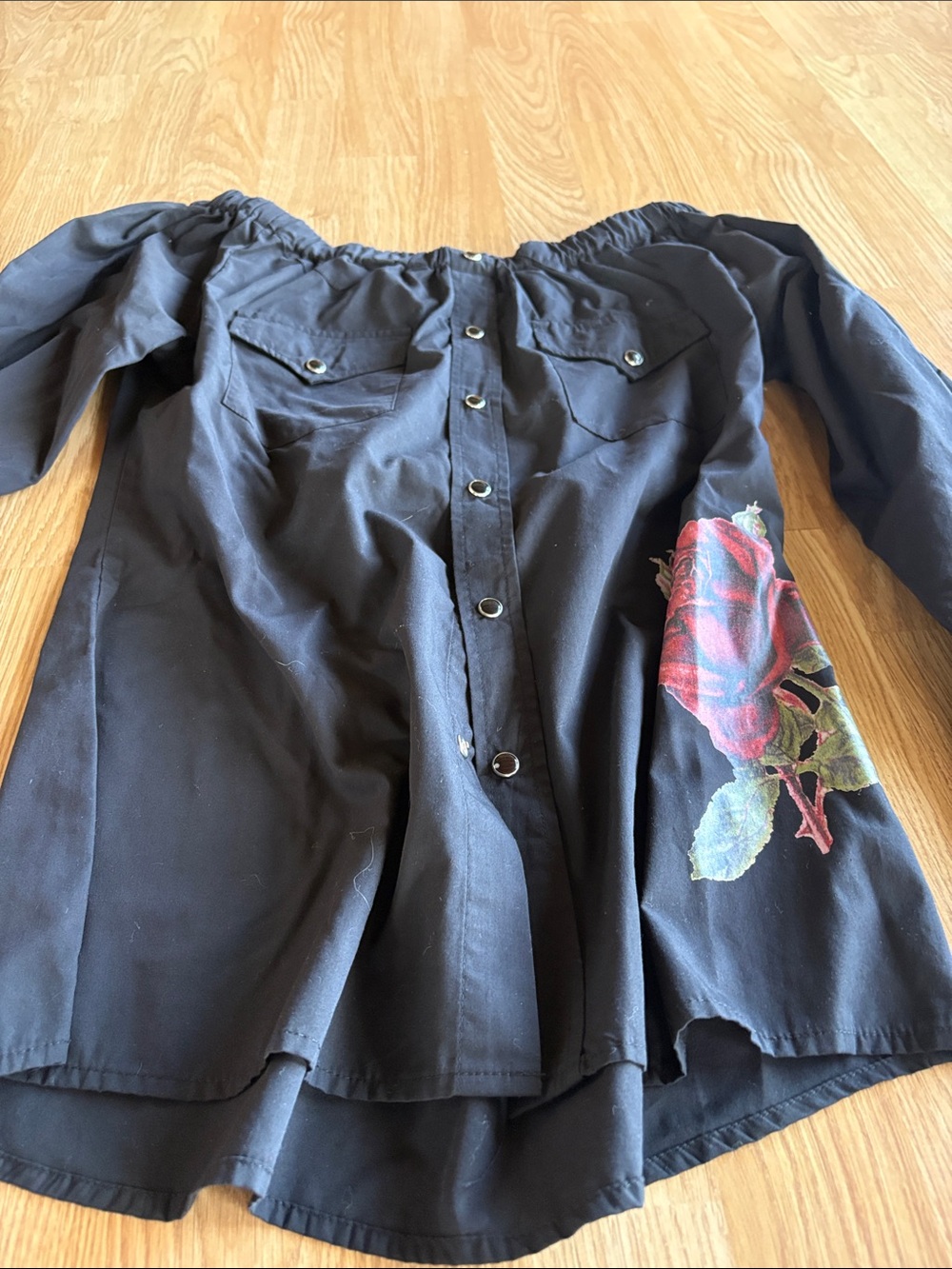 Off-Shoulder Black Button-Down Top with Red Rose Detail